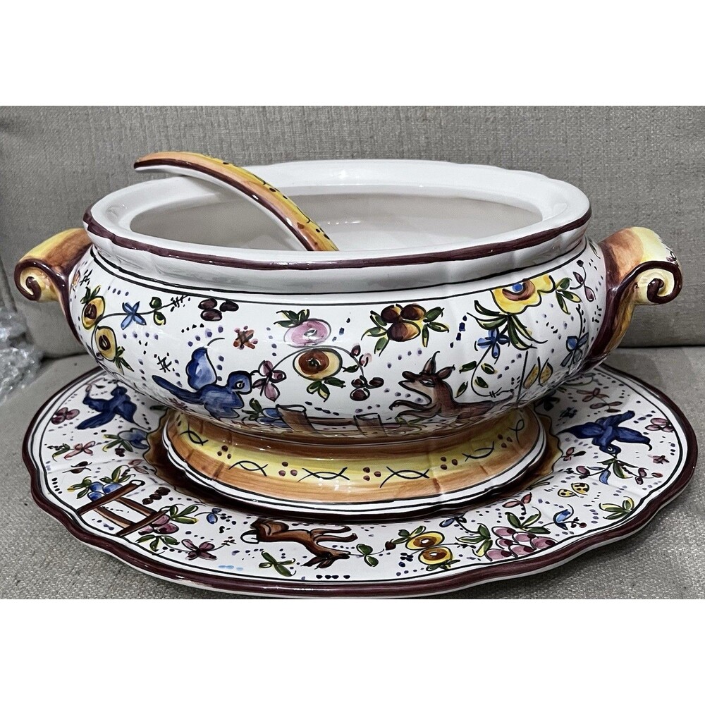 Vtg Holu Ceramic Pottery Portugal Large Tureen Underplate & Ladle Hand Painted
